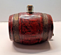 Rare Old Leather Wrapped Wine Barrel,Cork Top Glass Keg & Brass Tap,Vinegar Jar