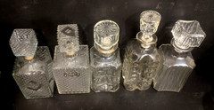 5 Old MCM 1960s Square Clear Glass Bar Liquor Bottles Bourbon Tag
