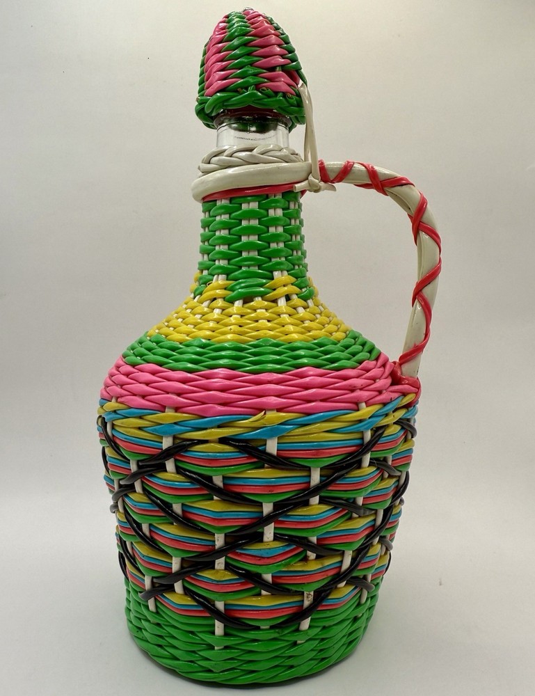 Vintage Demijohn Glass Bottle Viresa Plastic Wicker Wrapped Handled Decanter