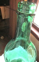 VINTAGE EMERALD GREEN CORK TOP SEAMED MAGNUM WINE, 16 3/8&Prime; X 5 3/4&Prime;, EMPTY USED