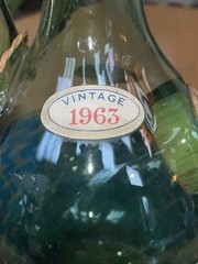 1963 Chianti Italian Wine Green Glass Decanter & Blue Wicker Basket Labels Rare