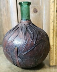 Vintage Leather Wrapped Wine Decanter Made in Italy Green Glass 8&Prime; Tall