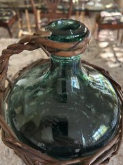 Antique Wicker Wrapped One Gal. Green/Rum Demijohn Glass Jug