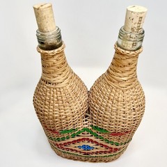 VTG Demijohn Style Handmade Woven Wicker Double Wine Wrap/Holder Bottles Empty