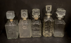 5 Old MCM 1960s Square Clear Glass Bar Liquor Bottles Bourbon Tag