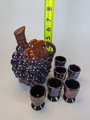 1940s Opalescent Grape Wine Decanter With Cork w 6 Tasting Cups MCM Complete Set
