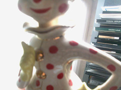 Vintage 1950&rsquo;s clown wine bottle decanter clear glass body ceramic top feet