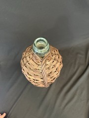 Antq Wicker Wrapped Aqua Glass Demijohn Wine Bottle 15” Tall French Farmhouse