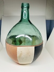 Mid-century Viresa Spain 5L Glass Green Demijohn Bottle Wine Leather Wrap READ