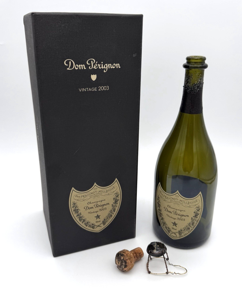 2003 DOM PÉRIGNON Champagne BOTTLE Empty Genuine with BOX Case Cork Cage Vintage