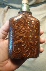 Vintage Spanish Leather Covered Liquor Bottle Flask Spain Embossed Man&rsquo;s Head