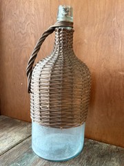 Vintage French Wicker & Aqua Glass Demijohn With Handle