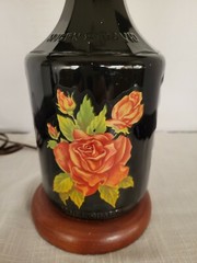Wine Bottle Lamp Vintage Mogen David w/Star and Rose Decal Dark Bottle Wood Base