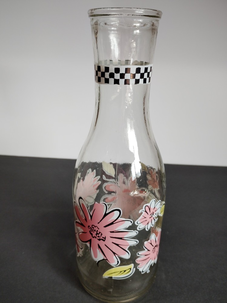 Vintage Paul Masson Glass Wine Bottle Pink Floral Checkered Band Multi-Color