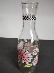 Vintage Paul Masson Glass Wine Bottle Pink Floral Checkered Band Multi-Color