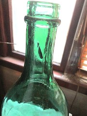 VINTAGE EMERALD GREEN CORK TOP SEAMED MAGNUM WINE, 16 3/8&Prime; X 5 3/4&Prime;, EMPTY USED