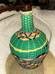 Vtg Viresa Plastic Woven Wicker Wine Bottle Metal Handle- Empty 12&Prime; No Cap