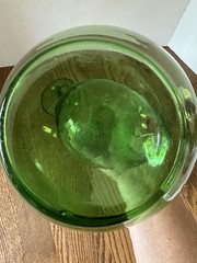 Vintage Hand Blown Green Glass Wine Decanter W/ Ice Chamber & Raffia Stoppers
