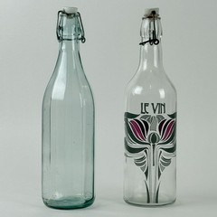 Art Nouveau Le Vin Wine Bottle Set Ceramic Topper Glass Pair 12.5” Bar Decor