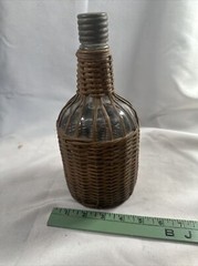 Old Glass Bubble Wicker Wrapped Bottle With Metal Screw Cork 10” Denver Antique