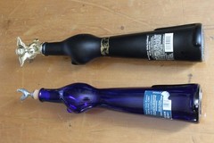 Pair of Mosel Riesling Cat Wine Bottles Frosted Black & Blue With Stoppers