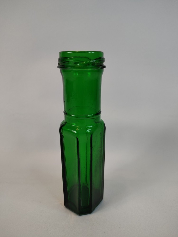 Vintage Emerald Green Glass Long Neck Bottle 8 Sided Base 6” Capers 1880s