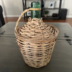 Vintage Wicker Wrapped Green Glass Bottle Demijohn Barware 13”tall