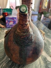 VTG Italian Green Glass Leather Wrapped Decanter Wine Bottle Galleon 12 in