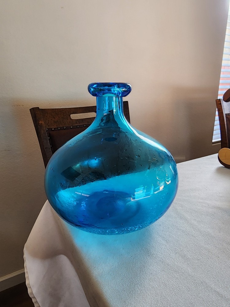 LARGE Blue Demijohn Studio Blown Glass bottle Crackled Bottom Polished Pontil