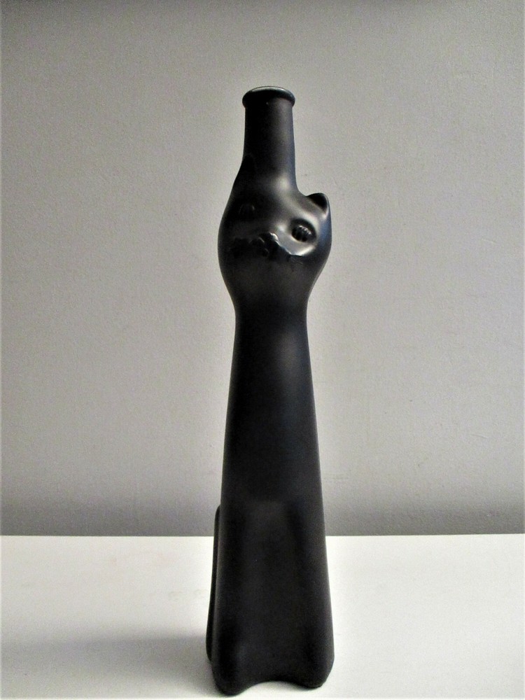 Black Cat Figural German Wine Bottle Satin Glass Mid-century Modern Style Nice!