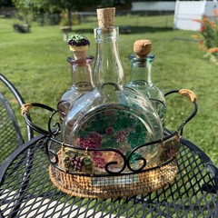 Set Of 3 Glass Embossed Grape Motif WINE Bottles With Basket Corks 7.75” To 9.5”