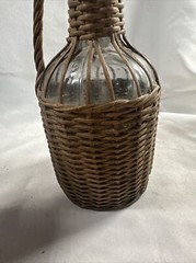 Old Glass Bubble Wicker Wrapped Bottle With Metal Screw Cork 10” Denver Antique