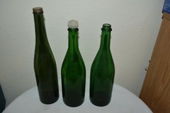 4 Vintage green glass Empty assorted bottles tall and short craft EUC
