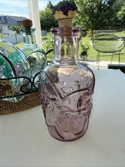 Set Of 3 Glass Embossed Grape Motif WINE Bottles With Basket Corks 7.75” To 9.5”