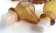 Empoli Figural Cat Dog Amber Glass Carafe Decanter Genie Bottle Pair MCM 1960s