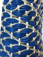 Vintage 1970s blue & natural Wicker Rattan Covered Handled brown Bottle w/ Top
