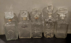 5 Old MCM 1960s Square Clear Glass Bar Liquor Bottles Bourbon Tag