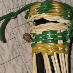 MCM 17in Scoubidou Woven Wicker Demijohn Wine Bottle Metal Handle Spain wood