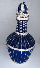 Vintage Blue Woven Plastic Green Glass Wine Bottle Jug Lid Wrapped Albania
