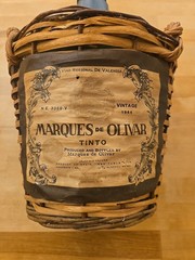 VINTAGE MARQUES De OLIVAR 1964 GREEN GLASS DEMIJOHN WINE BOTTLE w/HANDLES