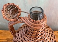 Antique Wicker Wrapped One Gal. Aqua Wine/Rum Demijohn Glass Jug w/ Cap