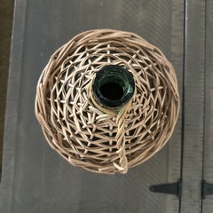 Vintage Wicker Wrapped Green Glass Bottle Demijohn Barware 13”tall