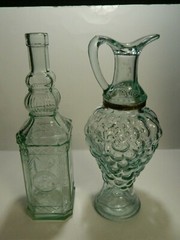 Vintage (2) Embossed Aqua Green Glass Ewer / Decanters 11.75&Prime; (Pinord) Excellent