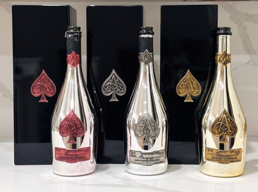 ACE OF SPADES Armand de Brignac 3 Empty Champagne Bottle & Box Pink Silver Gold