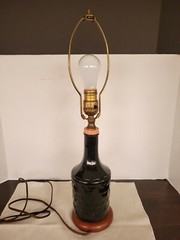 Wine Bottle Lamp Vintage Mogen David w/Star and Rose Decal Dark Bottle Wood Base