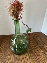 Vintage Hand Blown Green Glass Wine Decanter W/ Ice Chamber & Raffia Stoppers