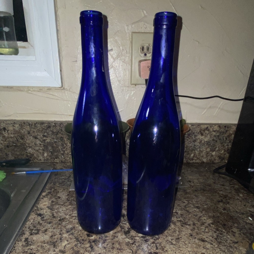 Pair of Blue Glass Wine Bottles Collectible Modern Decorative Home Bar Display