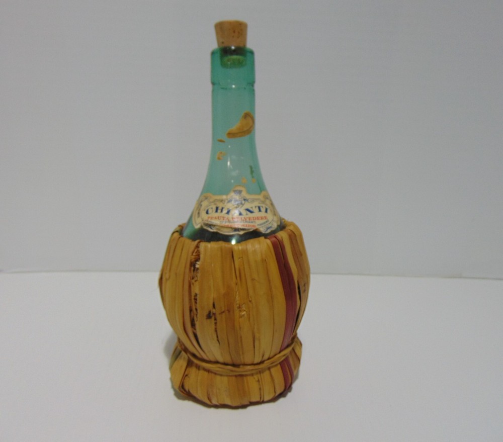 Tenuta Belvedeere Chianti Blue Glass Wine Bottle In Woven Basket 1 Pint Empty