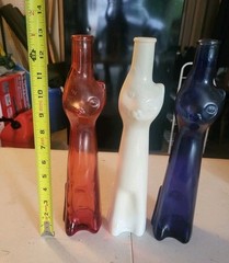 3 Lot Happy Cat Red White Blue Color Glass Tall Bottle Vase Product Germany 13”