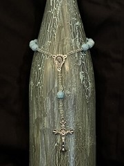 Beautiful Vintage Hand Painted Wine Bottle Green With Rosary￼